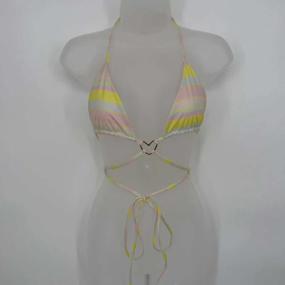 Frankie's Bikinis Sz L Pastel Striped Triangle Bathing Suit Top Heart Cutout‎